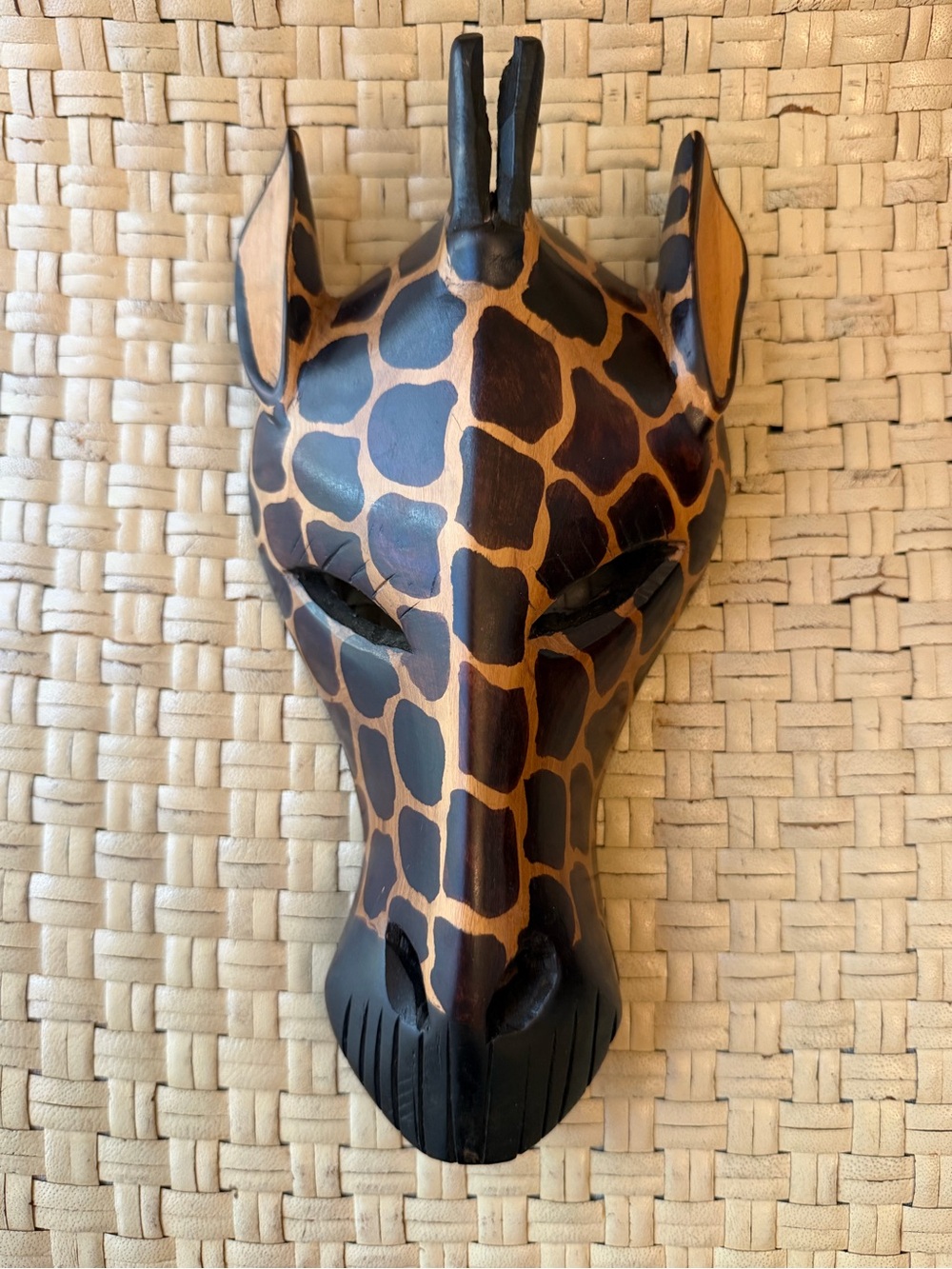 Hand-Carved Giraffe Wooden Wall Mask - Brown and Black